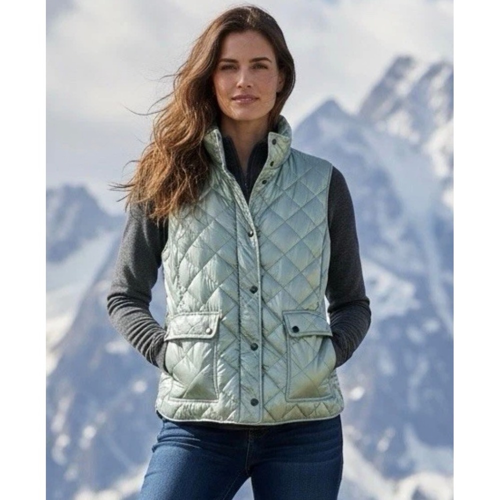Talbots Womens Quilted Down Puffer Vest Sage Green Metallic Snap Front M NWT